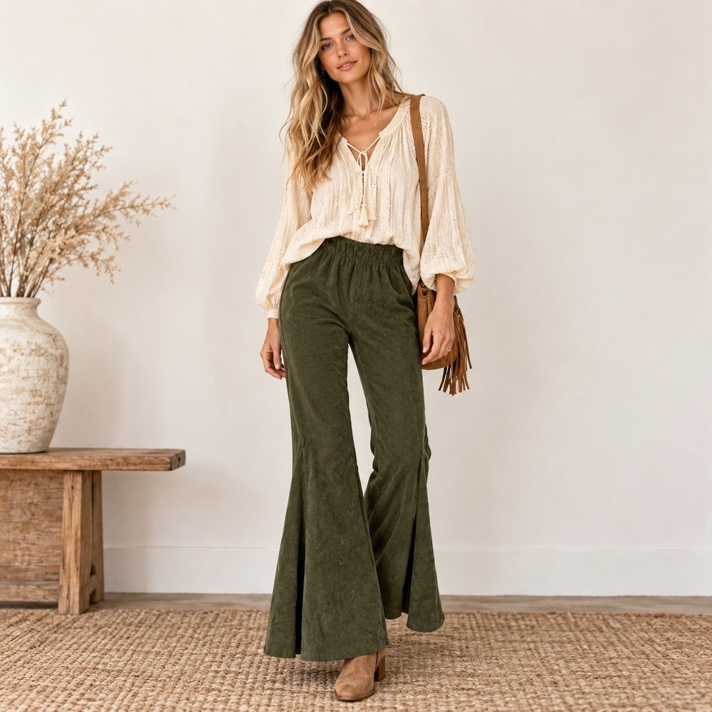 Corduroy Bell Bottom Flare Pants Womens Size M Olive Green Stretch Boho Chic